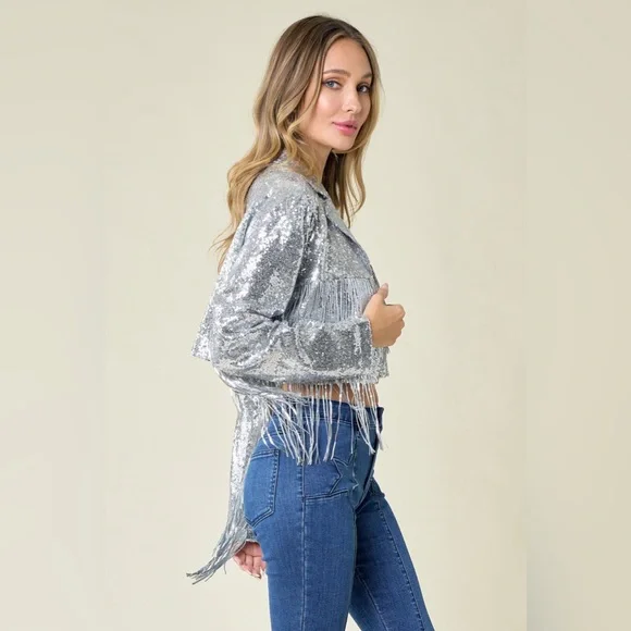 61B. Fringe Sequin Crop Jacket - Silver